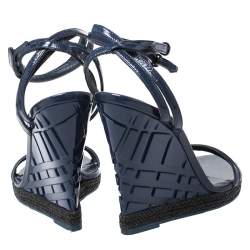 Burberry Navy Blue Patent Leather Strappy Wedge Sandals Size 40