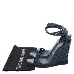 Burberry Navy Blue Patent Leather Strappy Wedge Sandals Size 40