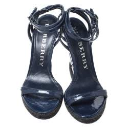 Burberry Navy Blue Patent Leather Strappy Wedge Sandals Size 40