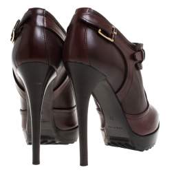Pre Owned Burberry Dark Tan Leather Buckle Platform Booties Size 39