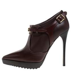 Pre Owned Burberry Dark Tan Leather Buckle Platform Booties Size 39