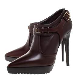 Pre Owned Burberry Dark Tan Leather Buckle Platform Booties Size 39