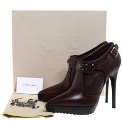Pre Owned Burberry Dark Tan Leather Buckle Platform Booties Size 39