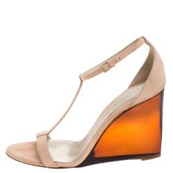 Pre Owned Burberry Prorsum Blush Pink Suede Leyburn Lucite Wedge Ankle Strap Sandals Size 40