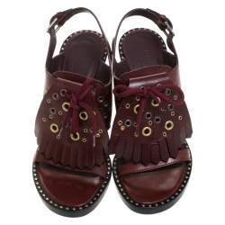 مملوكة مسبقًا صندل بربري كعب عريض فتحة كعب زخرفة Eyelet  شراشيب بيفيرلي جلد عنابي مقاس 40