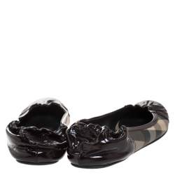 Pre Owned Burberry Burgundy Patent Leather And Nova Check Canvas Scrunch Ballet Flats Size 36