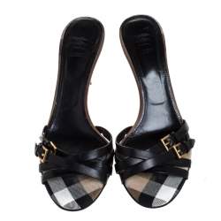 Burberry Black Leather Cross Strap Slides Size 40