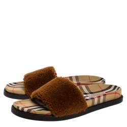 Pre Owned Burberry Brown Shearling & Vintage Check Kencot Slides Size 39.5