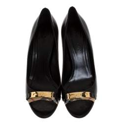 Burberry Black Leather And Canvas Trim Twist Lock Dunlow Peep Toe Pumps Size 41
