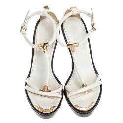 Pre Owned Burberry Cream Leather T-Strap Wooden Wedge Sandals Size 41