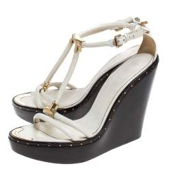 Pre Owned Burberry Cream Leather T-Strap Wooden Wedge Sandals Size 41