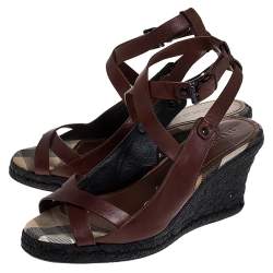 Pre Owned Burberry Brown Leather Cross Strap Espadrille Wedge Sandals Size 39