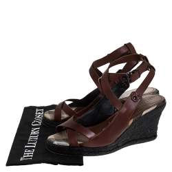 Pre Owned Burberry Brown Leather Cross Strap Espadrille Wedge Sandals Size 39