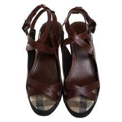 Pre Owned Burberry Brown Leather Cross Strap Espadrille Wedge Sandals Size 39