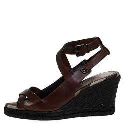 Pre Owned Burberry Brown Leather Cross Strap Espadrille Wedge Sandals Size 39