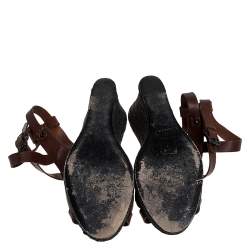 Pre Owned Burberry Brown Leather Cross Strap Espadrille Wedge Sandals Size 39