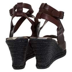Pre Owned Burberry Brown Leather Cross Strap Espadrille Wedge Sandals Size 39