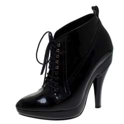 Pre Owned Burberry Black Patent Leather Victorian Lace Up Platform Booties Size 38