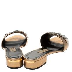 Pre Owned Burberry Metallic Gold Leather Crystal Embellished Flat Slides Size 38.5