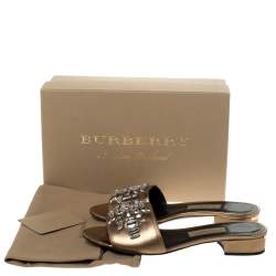 Pre Owned Burberry Metallic Gold Leather Crystal Embellished Flat Slides Size 38.5