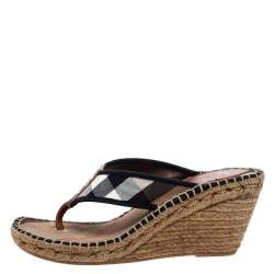 Burberry Beige/Black Novacheck Canvas Espadrille Thong Wedge Sandals Size 39