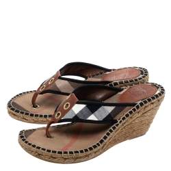 Burberry Beige/Black Novacheck Canvas Espadrille Thong Wedge Sandals Size 39
