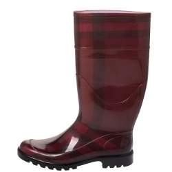 Pre Owned Burberry Red Novacheck Rubber Rain Boots Size 38