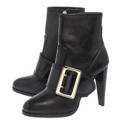 Pre Owned Burberry Black Leather Buckle Ankle Booties Size 39