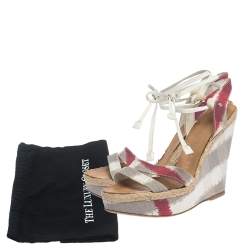 Burberry Multicolor Canvas and White Leather Ankle Wrap Platform Wedge Sandals Size 38