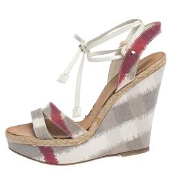 Burberry Multicolor Canvas and White Leather Ankle Wrap Platform Wedge Sandals Size 38