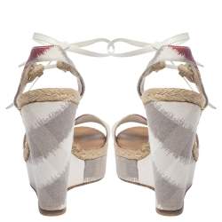 Burberry Multicolor Canvas and White Leather Ankle Wrap Platform Wedge Sandals Size 38