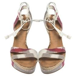 Burberry Multicolor Canvas and White Leather Ankle Wrap Platform Wedge Sandals Size 38