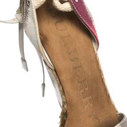 Burberry Multicolor Canvas and White Leather Ankle Wrap Platform Wedge Sandals Size 38