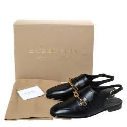 Pre Owned Burberry Black Leather ChelTown Chain Detail Slingback Loafer Sandals Size 37