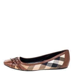 Pre Owned Burberry Brown House Check Canvas and Leather Buckle Ballet Flats Size 39
