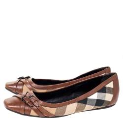 Pre Owned Burberry Brown House Check Canvas and Leather Buckle Ballet Flats Size 39