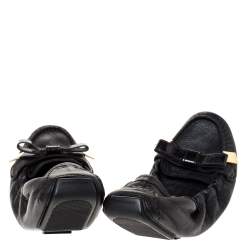 مملوكة مسبقًا حذاء فلات باليه بربري مجعد فيونكة جلد أسود مقاس 41