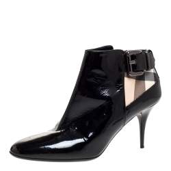Pre Owned Burberry Black Patent And Nova Check Canvas Buckle Detail Ankle Booties Size 39