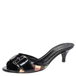 Pre Owned Burberry Novacheck Canvas And Black Patent Buckle Embellished Slides Size 37