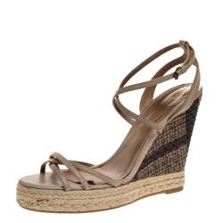 Burberry Pale Green Strappy Leather Woven Wedge Espadrille Sandals Size 39