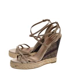Burberry Pale Green Strappy Leather Woven Wedge Espadrille Sandals Size 39