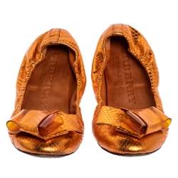 Burberry Metallic Orange Python Embossed Leather Surrey Ballet Flats Size 37