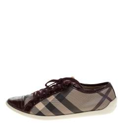 Burberry Beige/Burgundy Nova Check Canvas and Patent Leather Lace Up Sneakers Size 40