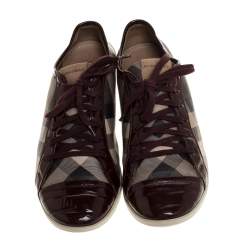 Burberry Beige/Burgundy Nova Check Canvas and Patent Leather Lace Up Sneakers Size 40
