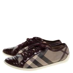 Burberry Beige/Burgundy Nova Check Canvas and Patent Leather Lace Up Sneakers Size 40