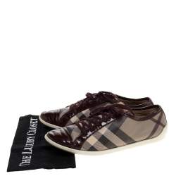 Burberry Beige/Burgundy Nova Check Canvas and Patent Leather Lace Up Sneakers Size 40