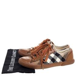 Pre Owned Burberry Brown Leather And Nova Check Quilted Canvas Low Top Sneakers Size 37