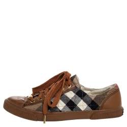 Pre Owned Burberry Brown Leather And Nova Check Quilted Canvas Low Top Sneakers Size 37