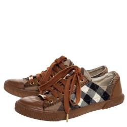 Pre Owned Burberry Brown Leather And Nova Check Quilted Canvas Low Top Sneakers Size 37