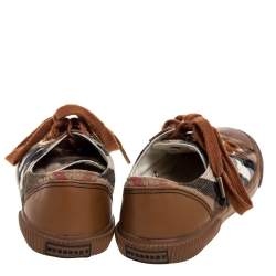 Pre Owned Burberry Brown Leather And Nova Check Quilted Canvas Low Top Sneakers Size 37